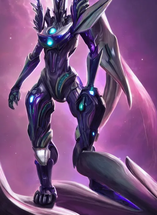 Image similar to cinematic body shot, cosmic beautiful stunning giant robot mecha hot female dragon goddess, sharp sleek cyborg dragon head, sharp metal ears, smooth purple eyes, smooth fuschia skin, smooth silver armor, nebula size, epic proportions, epic scale, macro furry, furry art, dragon art, goddess art, giantess art, warframe, warframe fanart, furaffinity, octane