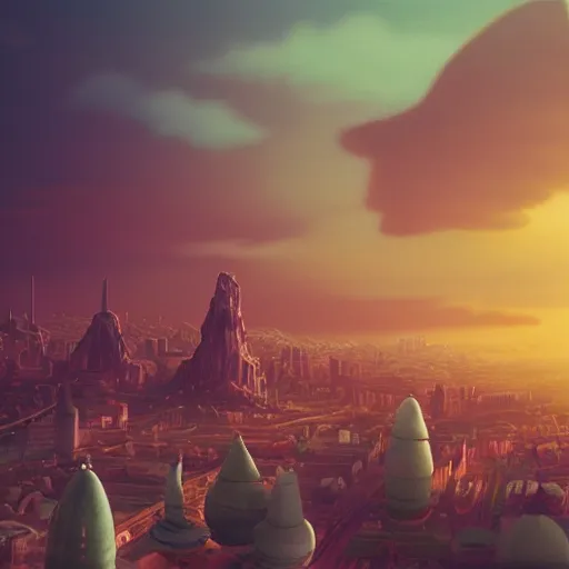 Prompt: pastel, baroque utopian cityscape in the sky, sci-fi, dreamlike, surreal, angels, soft lights, cinematic, 8k, by Ghibli,