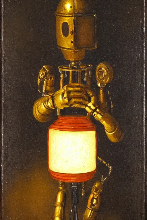 Prompt: baroque painting of a female brass robot holding a lantern inside a dark workshop |