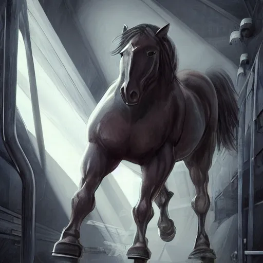 Image similar to a musclebound anthropomorphized horse with mountainous, bulging muscles, wearing a tight kevlar battle outfit in a corridor of a facility, equine, anthro art, furaffinity, highly detailed, digital painting, artstation, sharp focus, game art, concept art, illustration, art by artgerm, greg rutkowski, wlop