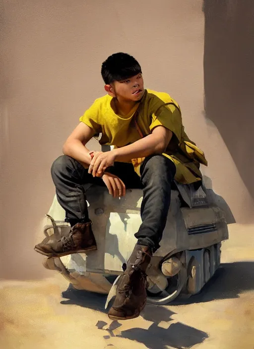 Image similar to greg manchess portrait of a filipino young man sitting on a tank, asymmetrical, profile picture, organic painting, sunny day, matte painting, bold shapes, hard edges, street art, trending on artstation, by huang guangjian, gil elvgren, ruan jia, randy vargas, greg rutkowski