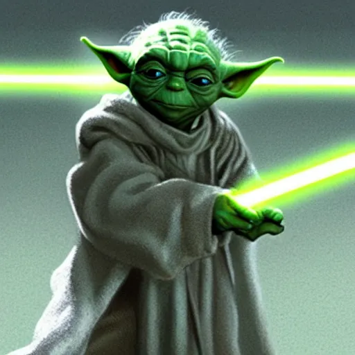 Prompt: inspired by ralph mcquarrie, yoda with a lightsaber, cinematic