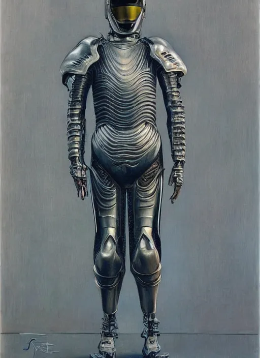 Prompt: full body portrait of beautiful gothic and futuristic fashion model, elegant smooth space armour, cyber armour, scifi helmet, highly detailed, artstation, illustration, composition, 8 k quality, art by jean delville, rene magritte, hyperrealism oil painting