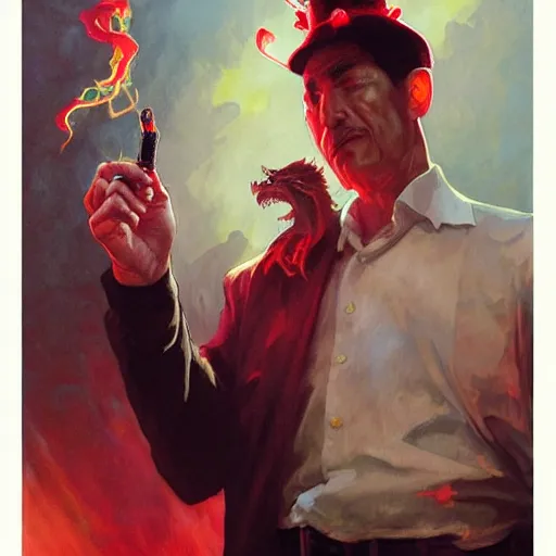 Prompt: A mafia man with a tobacco in his left hand, behind him is a Chinese dragon emanating a red aura of danger art by Craig Mullins, Simon Bisley, Gregory Manchess, Fernanda Suarez, Artem Demura, Alphonse Mucha, Donato Giancola, Jason Felix, Steve Argyle, Tyler Jacobson, Peter Mohrbacher, trending on artstation, digital art