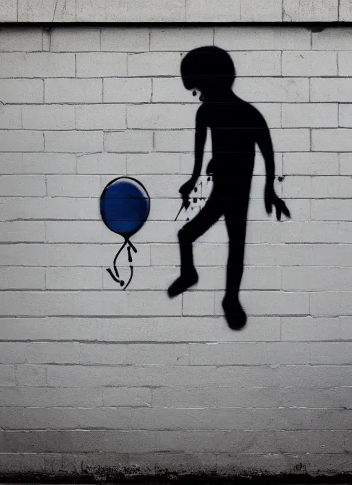 Image similar to a side profile of a black and white graffiti of boy holding a single blue balloon on a concrete background in the style of Banksy, graffiti, digital art