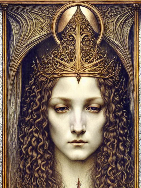 Image similar to detailed realistic beautiful young medieval queen face portrait by jean delville, gustave dore and marco mazzoni, art nouveau, symbolist, visionary, gothic, pre - raphaelite. horizontal symmetry