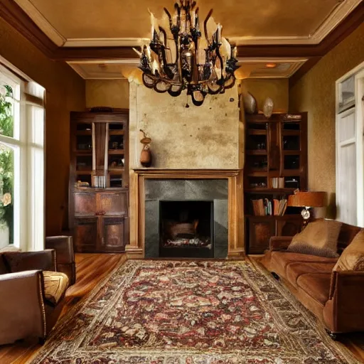 Image similar to a living room with dark wood floors, adjacent hallways, and a wall sized fireplace that reaches to the ceiling, low hanging chandeliers in front of the fireplace, a large rug sits on the floor