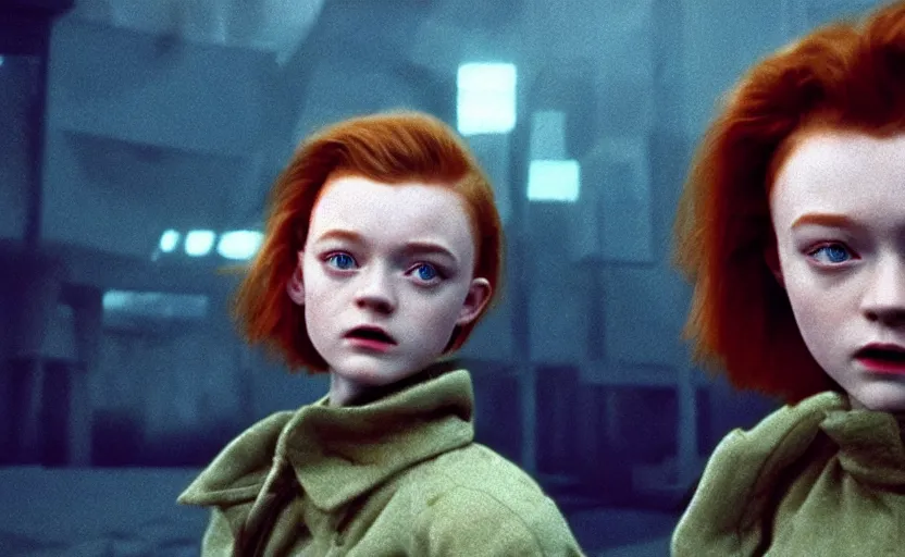 Image similar to sadie sink with spiky short hair in oversized man's coat : a still from a scifi soviet cyberpunk film from 1 9 8 0 s. by steven spielberg and james cameron. 6 5 mm low grain film stock. sharp focus, realistic facial expression, perfect anatomy, global illumination, radiant light, detailed and intricate environment, trending on artstation