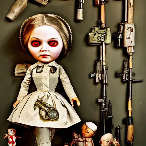 Image similar to doll next to weapons, hand grenades, rpg, by mark ryden, breathtaking, 8 k resolution, extremely detailed, beautiful