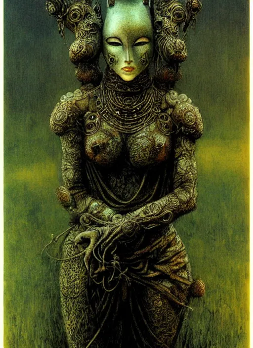 Image similar to full body girl in detailed ornamental mask by Beksinski and Luis Royo