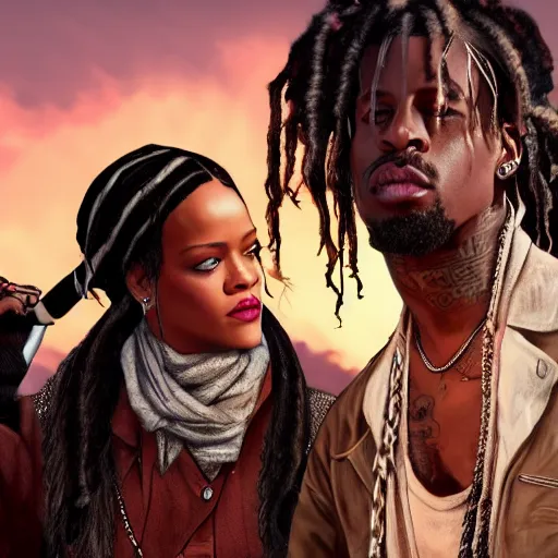 Image similar to rihanna and travis scott in rdr 2, trending on artstation, hyperdetalied, realistic,