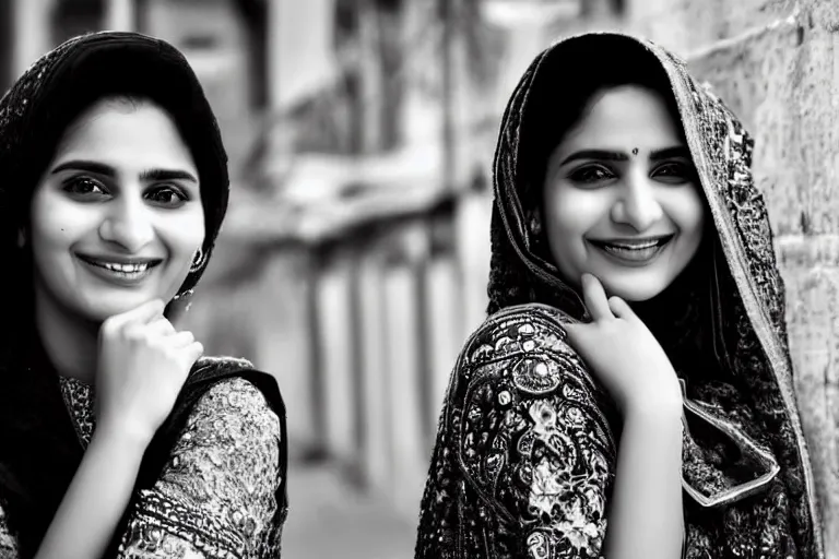 Prompt: still photo of a beautiful pakistani woman smiling at the camera on the street, black and white color aesthetic, highly detailed, photorealistic portrait, bright studio setting, studio lighting, crisp quality and light reflections, unreal engine 5 quality render