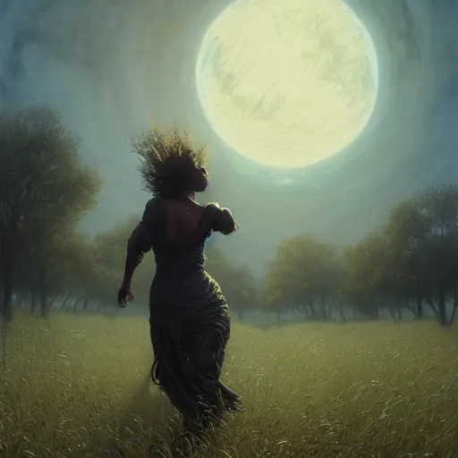 Image similar to a highly detailed portrait of a black woman chasing her dreams through a field of nightmares, a hyperrealistic high renaissance painting by gustave dore, unreal engine, dark fantasy art by greg rutkowski, loish, rhads, ferdinand knab, makoto shinkai and lois van baarle, ilya kuvshinov, radiant lighting, moon light.