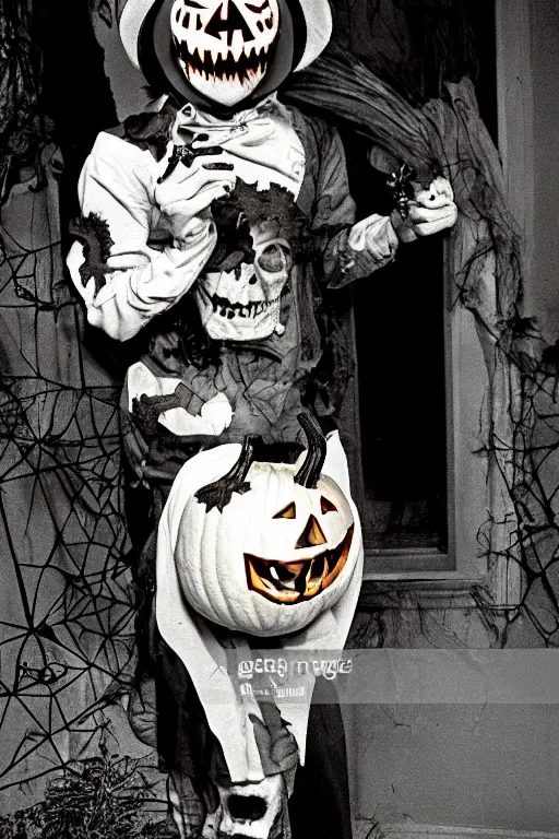 Image similar to a horrific, halloween ghoul, holding a jack - o - lantern, retro, 1 9 8 0 s, by march schoenbach, enzio sciotti