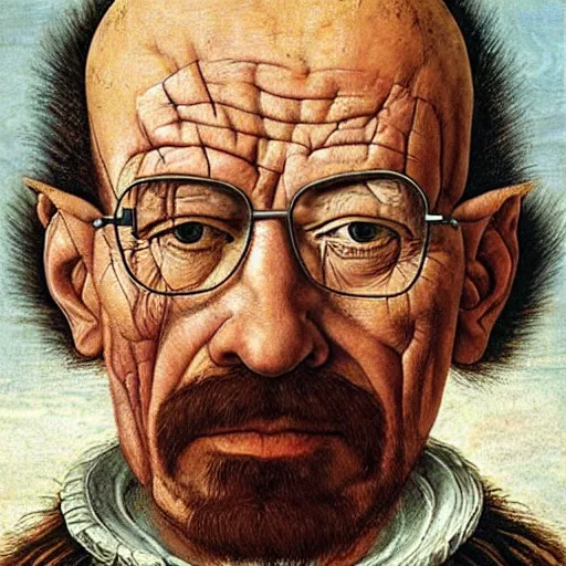 Prompt: giuseppe arcimboldo painting walter white