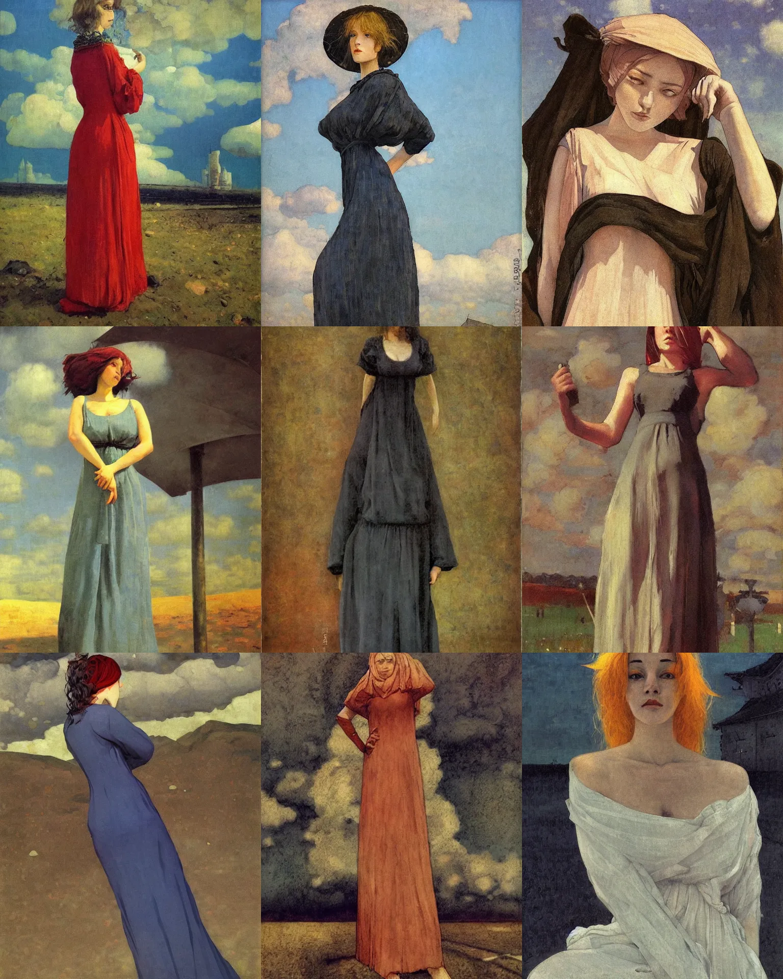 Prompt: woman portrait, female figure in maxi dress, sky, thunder clouds modernism, low poly, low poly, low poly, industrial, soviet painting, social realism, barocco, ilya repin style, john bauer style, anime,