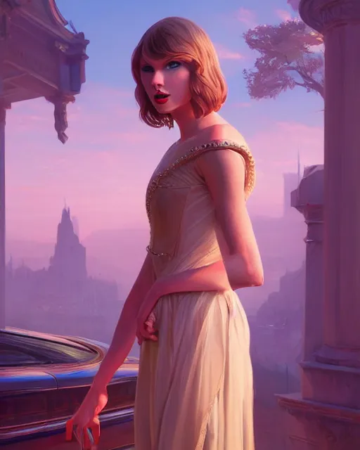 Prompt: portrait of taylor swift as an elegant renaissance goddess, in gta v, stephen bliss, unreal engine, by greg rutkowski, loish, rhads, makoto shinkai and lois van baarle, ilya kuvshinov, rossdraws, global illumination, radiant light, detailed and intricate environment, pastel lighting