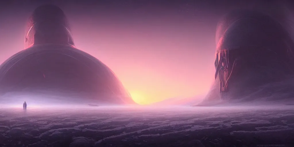 Prompt: strange surface of icy alien planet at sunset, misty, ultra high definition, ultra detailed, symmetry, sci - fi, dark fantasy, by greg rutkowski and ross tran