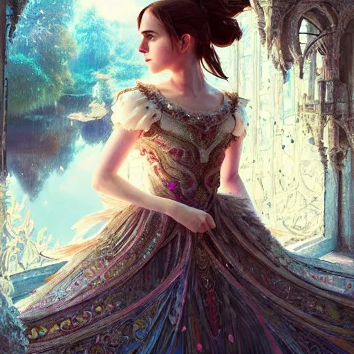 Prompt: emma watson as a beautiful young girl in intricate clothing by ross tran, walking in a castle painted by sana takeda, rtx reflections, very high intricate details, painting, digital anime art, medium shot, mid - shot, composition by ilya kuvshinov, lighting by greg rutkowski