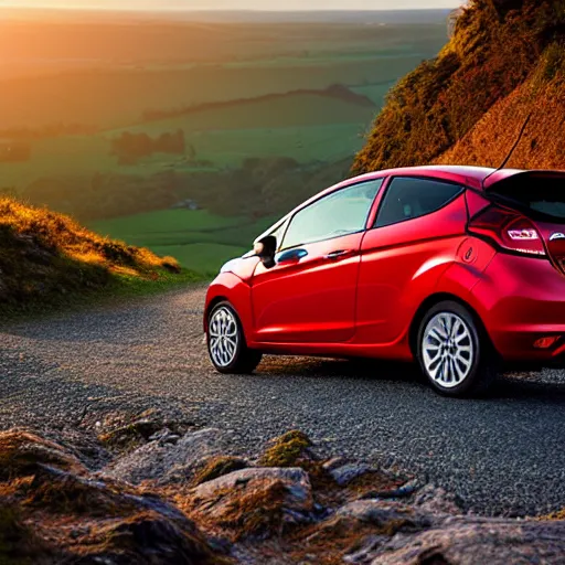 Image similar to red ford fiesta mk 6 zetec on a mountain road, award winning photograph, golden hour