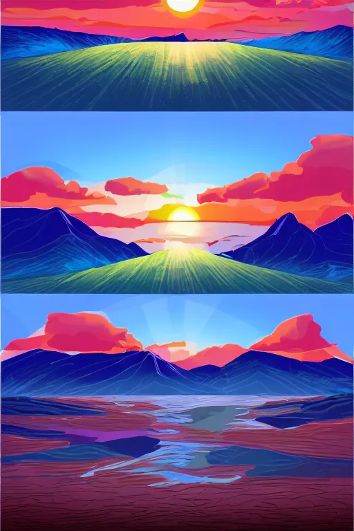 Image similar to sunrise mountain water illustration vector digital art trending on artstation