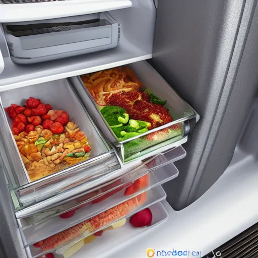 Image similar to cross - section of a refrigerator interior stuffed with leftovers, highly detailed