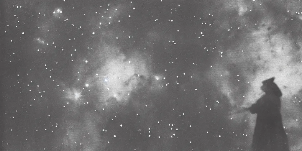 Prompt: close up photography of alpine tyrolean female farmer turning into stars and universe nebula, 1. 2 f, 3 5 mm, dark, eerie, 1 9 2 0 s ghost photography
