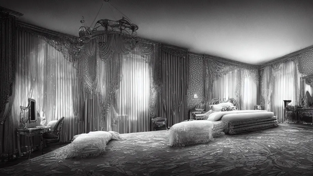 Prompt: art deco bedroom, photoreal, black and white dots, ultra detail, photoreal, professionally retouched, black and white colors, wide angle, 8 k high definition, insanely detailed, intricate, elegant, art by artgerm and wlop