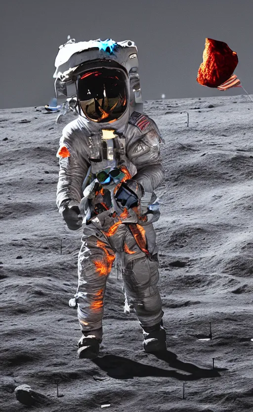 Image similar to high quality digital art of man brusting fire crackers on the moon in the style of greg rutswoski, moon craters are visible, high quality cinematic lights, 8K octane render, art station