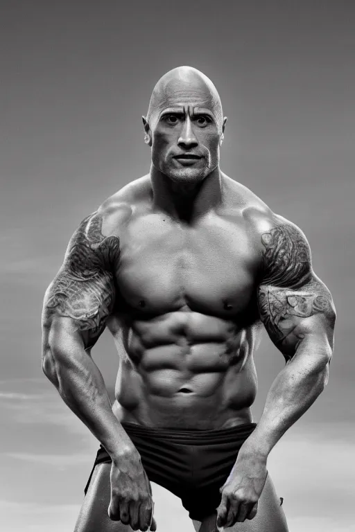 Prompt: Dwayne Johnson is a skinny anorexic featherweight, grayscale photography