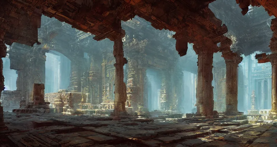 Image similar to ancient temple ruins interior, intricate, elegant, vivid colors, highly detailed, john park, craig mullins, sparth, ruan jia, jeffrey catherine jones