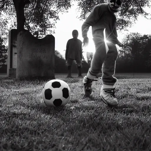 Image similar to two skeletons playing football in a graveyard at dawn