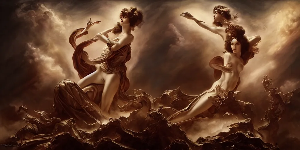 Image similar to The war between heaven and hell, by Rolf Armstrong and Evelyn De Morgan and Bastien Lecouffe-Deharme, dramatic lighting, high contrast colors, baroque, empyrean, panoramic view, as trending on Artstation, highly detailed, quake engine,