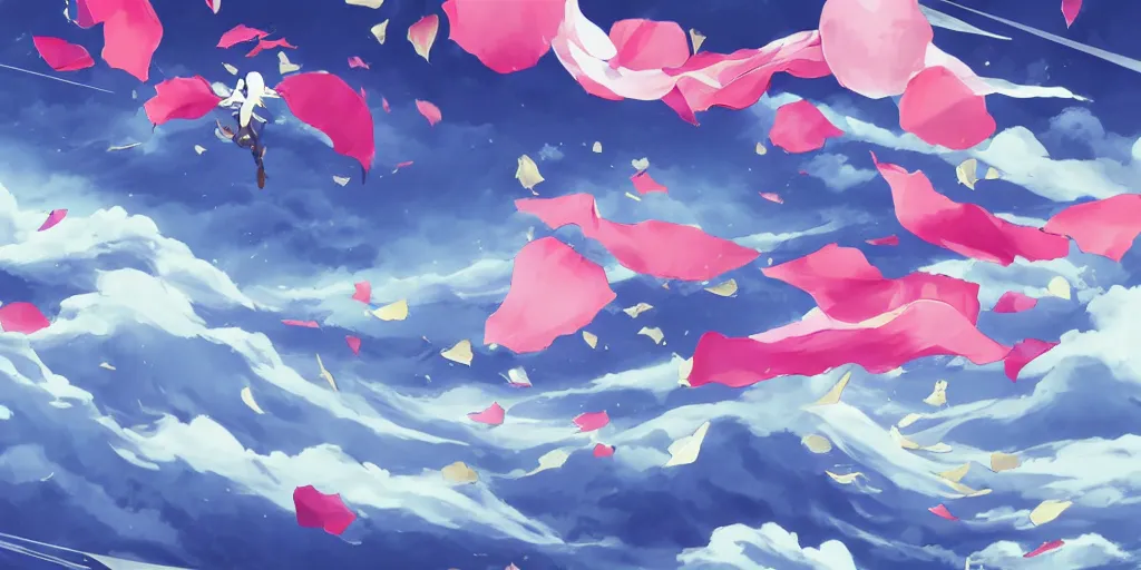 Image similar to background art of flying longswords flowing and floating through the slicing through directional wind on a simple cloudy sky background featuring an enormous tsunami, big puffy clouds, large individual rose petals, lotus petals, angular background elements, large polygonal fragments, anime, studio ghibli, artgerm, manga, trending on artstation, art nouveau, mature color scheme