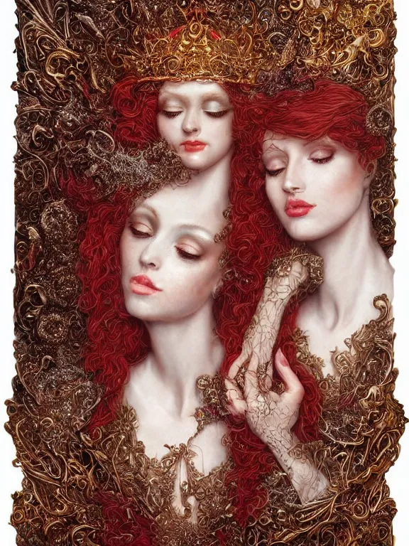 Image similar to a beautiful portrait render of two red veiled queen with symmetry intricate detailed ,heart,love,crystal-embellished,by Daveed Benito,LEdmund Leighton,peter gric,aaron horkey,Billelis,trending on pinterest,rococo,hyperreal,gold,silver,ivory,maximalist,glittering,golden ratio,cinematic lighting