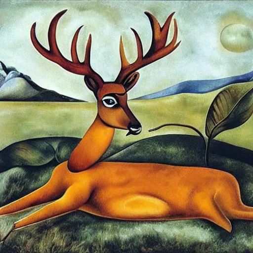 Prompt: a deer with the face of a woman lying on the ground, by frida kahlo