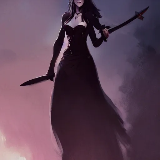 Prompt: female human vampire witch holding a sword, in the style of greg rutkowski, makoto shinkai, trending on artstation, character design, concept art, pretty face, forward facing, highly detailed, digital art