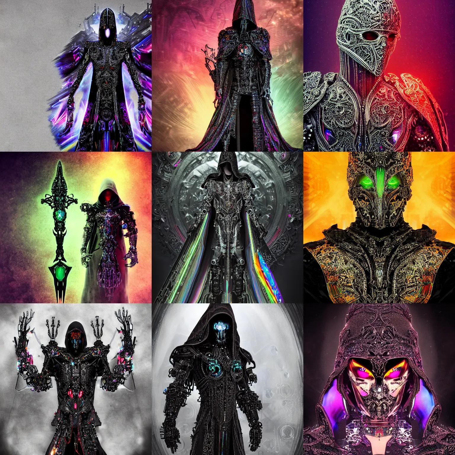 Prompt: An ominous moody render of a hooded warrior entity wearing a partially cybernetic intricate ornate black cloak and brandishing a powerful intricate ornate rainbow crystal sword, concept art, futurism, scifi, intricate black armor encrusted in iridescent microchips and ornate precious colorful crystals, highly detailed elegant cybernetic body, dark, badass, stealthy, iridescent, vivid rainbow of colors, iridescent glistening smoke and fire, digital painting, dark epic megastructure background, artstation, concept art, smooth, symmetric, elegant, ornate, luxury, elite, matte painting, cinematic, trending on artstation, deviantart and cgsociety