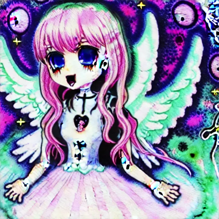 Prompt: gothic lolita cute angelic archangel, religious art watercolor slimy slime drenched skinny divine holy skellington being of glitter glue, pastel cute slime, 3 d polygon ui of neon ornamental rococo frames, maximalist decora gyaru sanrio murakami pixar concept art