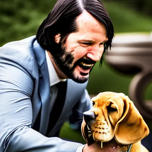 Image similar to john wick smiling and playing with his beagle