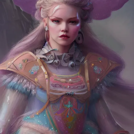 Image similar to detailed concept art illustration pastel painting of a beautiful Disney warrior princess in full intricate clothing, ultra detailed, digital art, octane render, 4K, dystopian, micro details