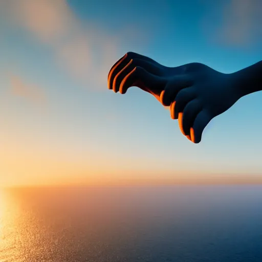 Prompt: an aerial drone shot of a giant 3D sculpted hand reaching out of the ocean in the middle of dawn surrounded by islands, tiny birds fly in the distance, misty atmosphere, 4k ultra high quality