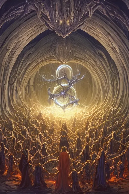Image similar to a quantum computer surrounded by a dark cabal of hooded elven mystics with long robes gathered in a circular formation, michael whelan, dan seagrave, boris vallejo