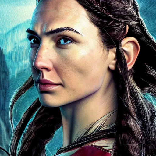 Prompt: Portrait of Gal Gadot starring as Tauriel from The Hobbit, bow and arrow, movie art