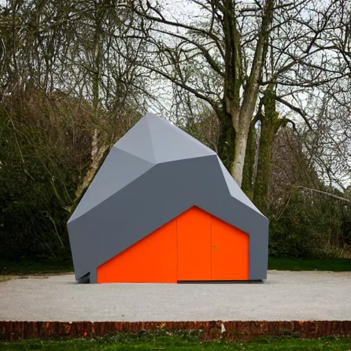 Image similar to a doghouse with the shape of a dog with grey and orange accents designed by antony gormley, advertising photography