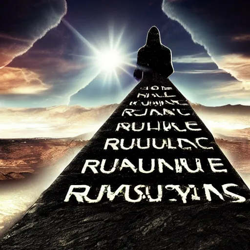 Image similar to symmetric, dark background, apocalyptic sky, sun radiating, monolith with alien runes, surreal geology, human figure, steps