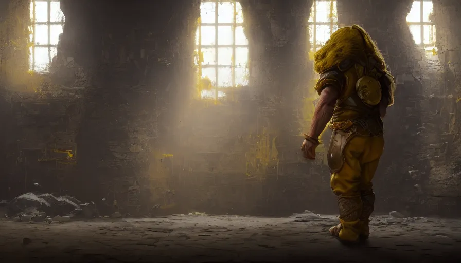 Prompt: real picture of a dwarf in the backrooms, door in the horizon, yellow walls, white floor, hyperdetailed, artstation, cgsociety, 8 k