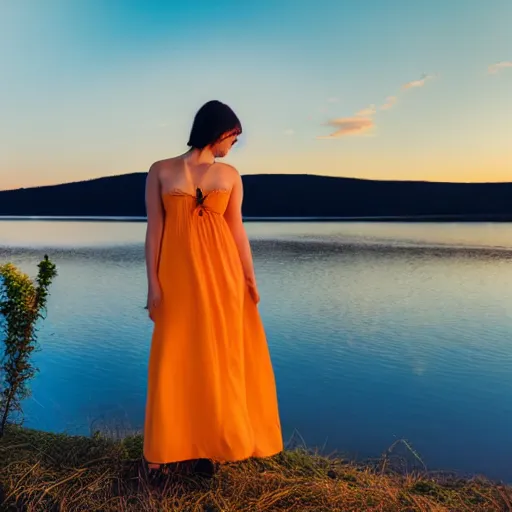 Image similar to a beautiful young woman in a sundress standing by a lake at sunset | soft atmospheric lighting