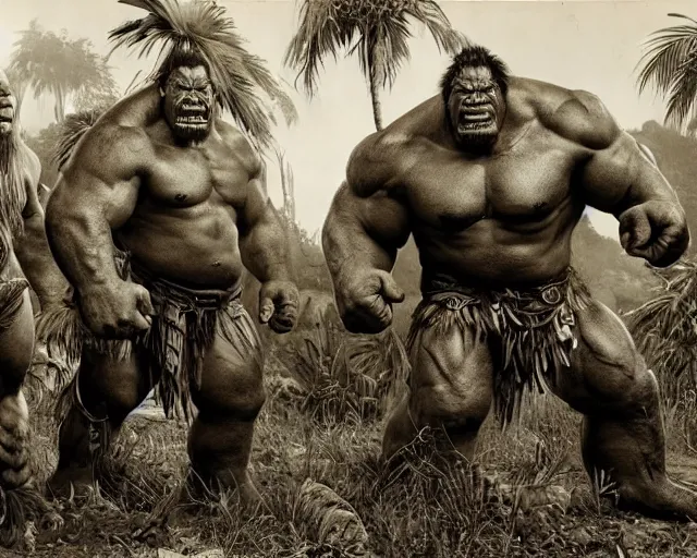 Image similar to hyper realistic group vintage photograph of a live action warcraft orc warrior tribe in the jungle, tall, hulk like physique, detailed faces, tribal paint, tribal armor, grain, old, monochrome, sepia toned, realistic lighting, wide angle