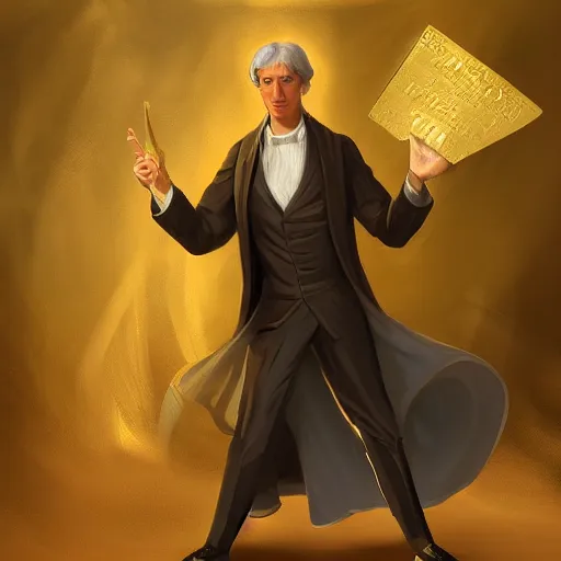 Prompt: mormon prophet, joseph smith, holding up the gold plates, conceptart, trending on artstation